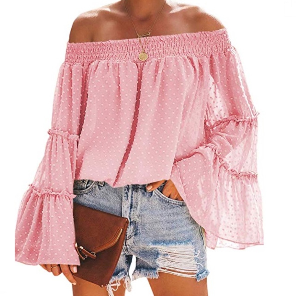 Pink off the shoulder sheer blouse